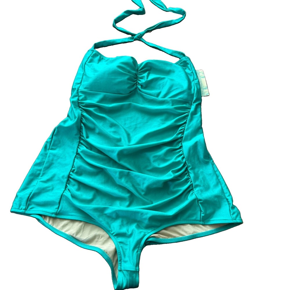 Rock Steady One Piece Swimsuit 3X Green Pinup Retro Halter Ruched Padded NWT